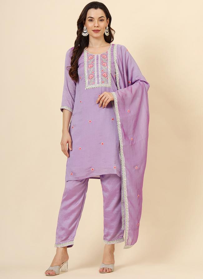 Vichitra Silk Lilac Festival Wear Embroidery Work Readymade Kurti Set